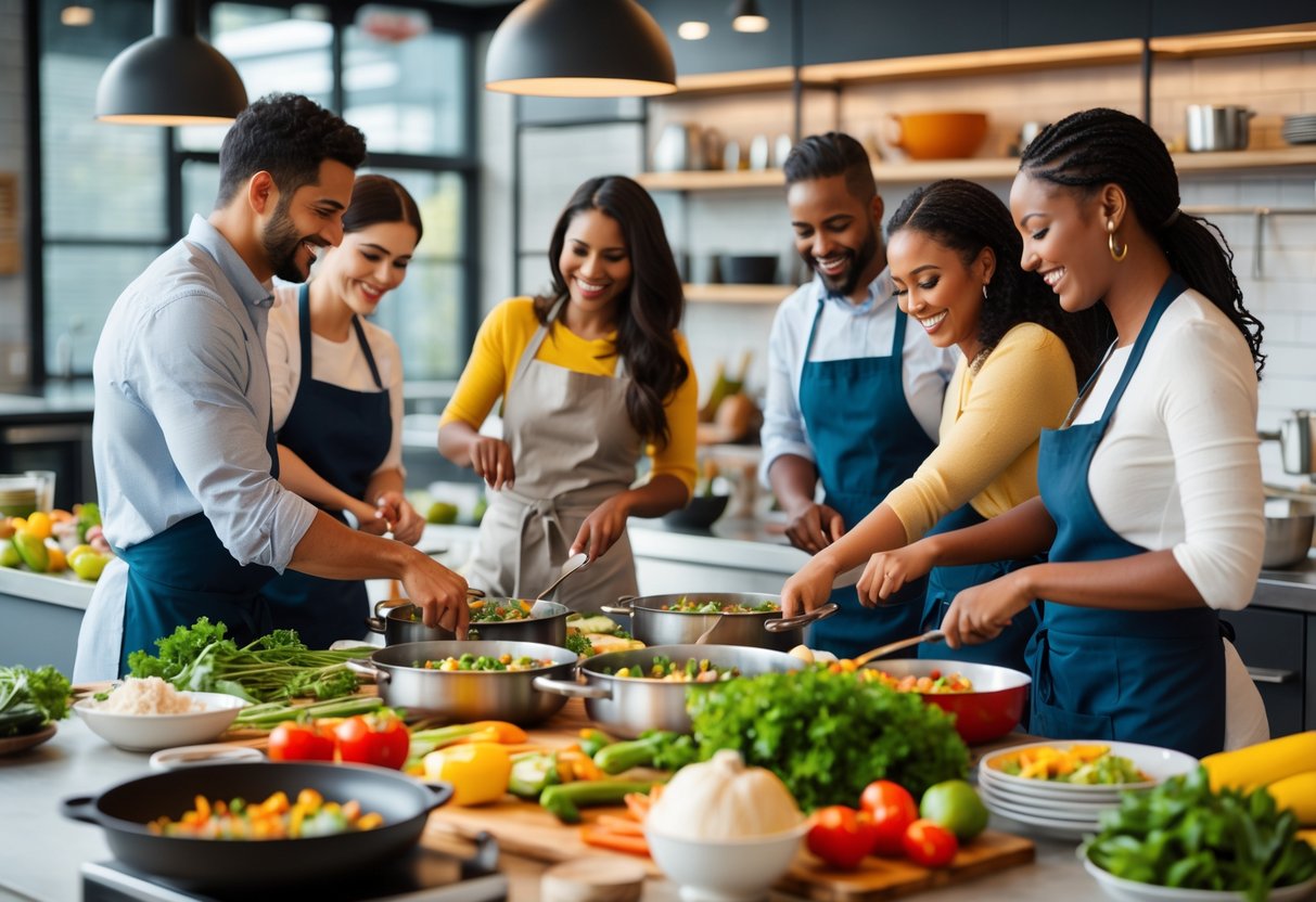 Couples cooking together in a kitchen studio, preparing food and smiling.