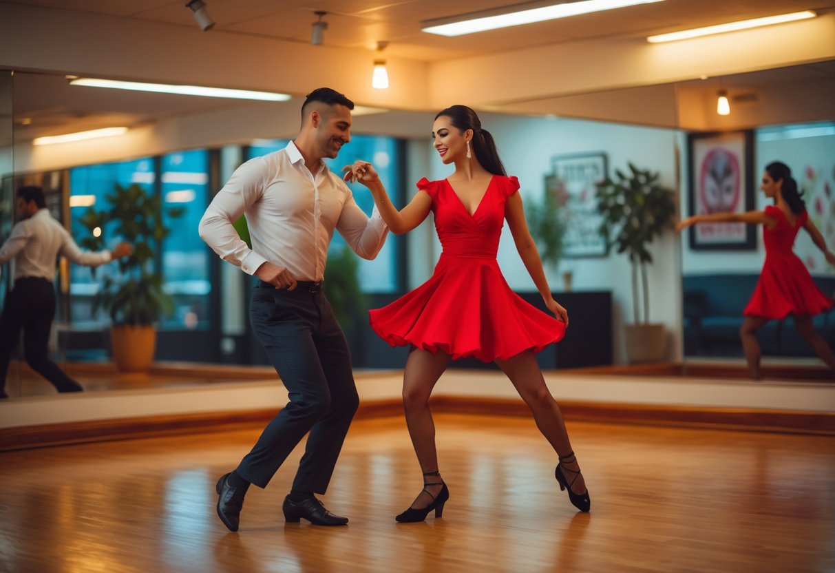 A young couple practicing salsa dance in a warm, softly lit dance studio.