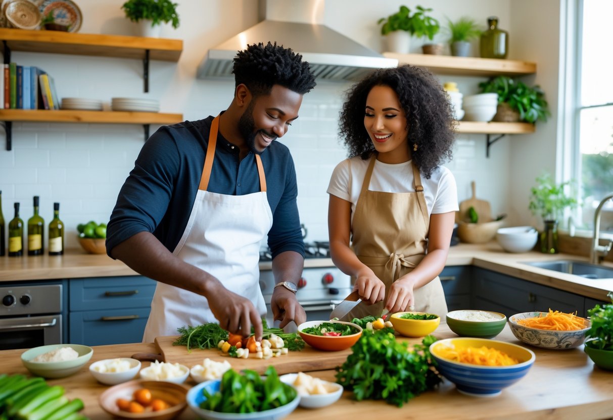 A couple cooking together in a bright kitchen, preparing fresh ingredients and smiling.