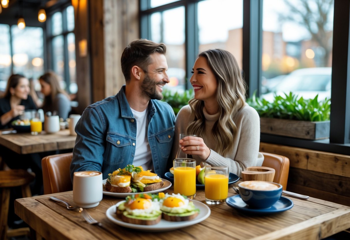 A couple enjoying brunch together at a bright restaurant with wooden tables and modern decor.