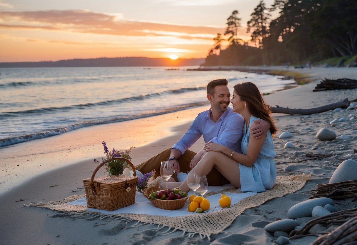 A couple enjoying a sunset picnic on the sandy shore of Crown Memorial State Beach with calm water and colorful sky in the background.