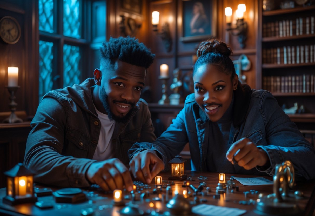 A young couple working together on a puzzle inside a vintage-style escape room with antique furniture and warm lighting.