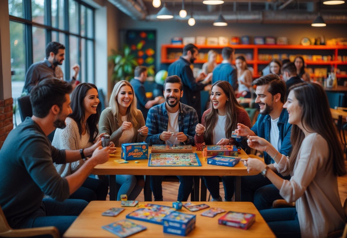 A group of people playing board games and card games together in a recreational hall, smiling and enjoying their time.