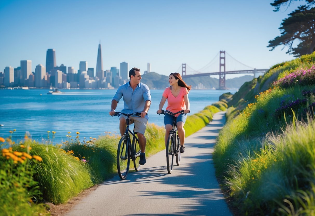 A couple biking together on a trail along the San Francisco Bay with the city skyline and bridge visible in the background.