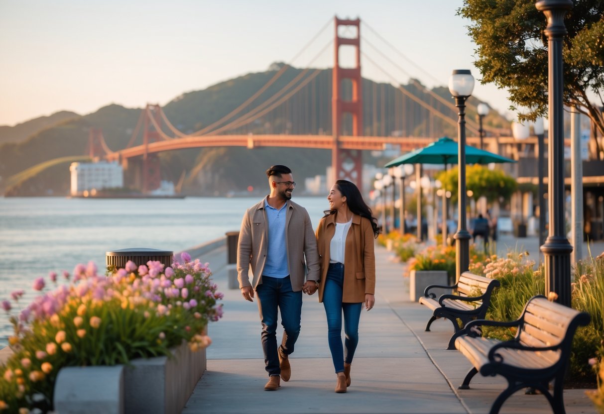 A couple walking hand-in-hand along a waterfront promenade with a bridge and hills in the background.