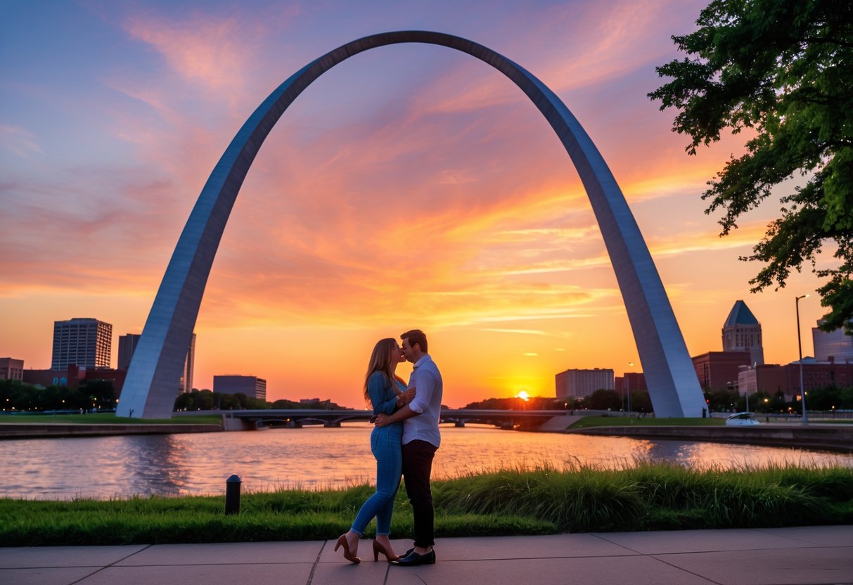 A couple standing near the Gateway Arch at sunset, with colorful sky and river in the background.