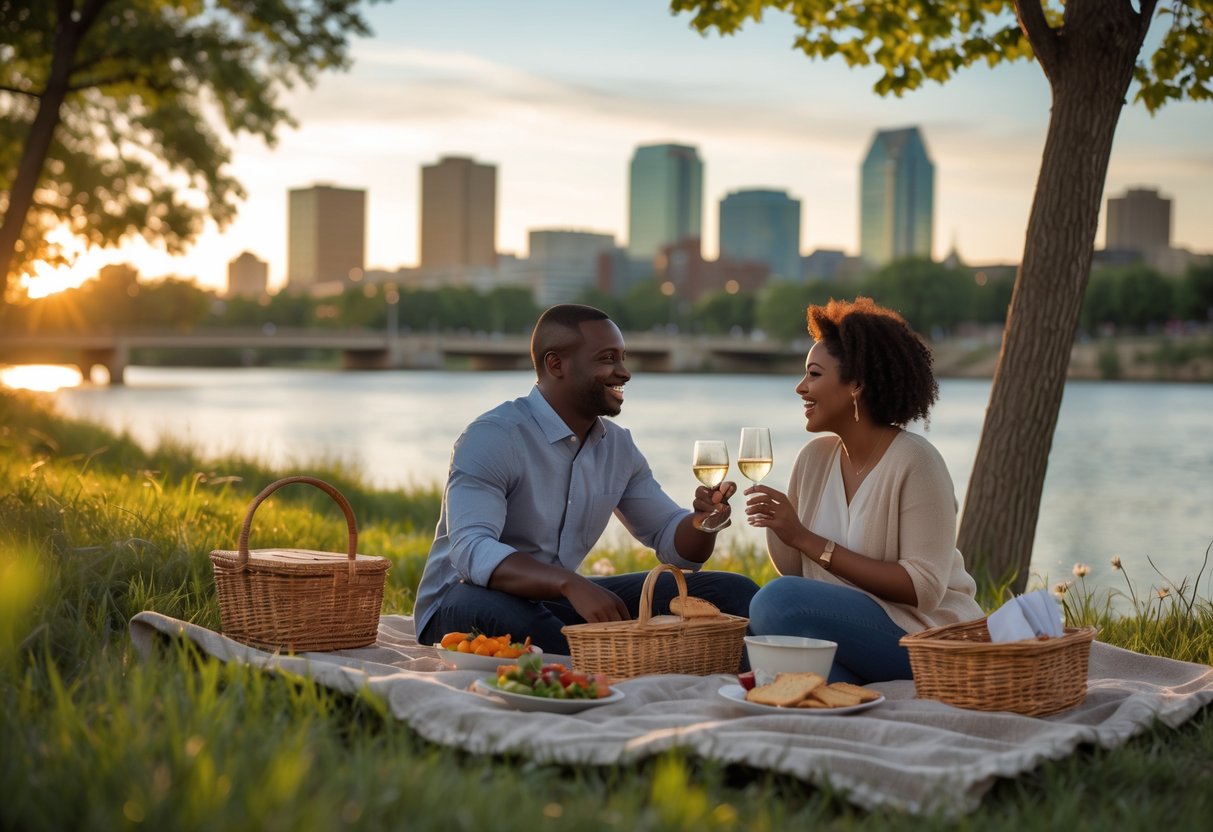 A couple enjoying a picnic by a river with the Minneapolis skyline in the background during sunset.