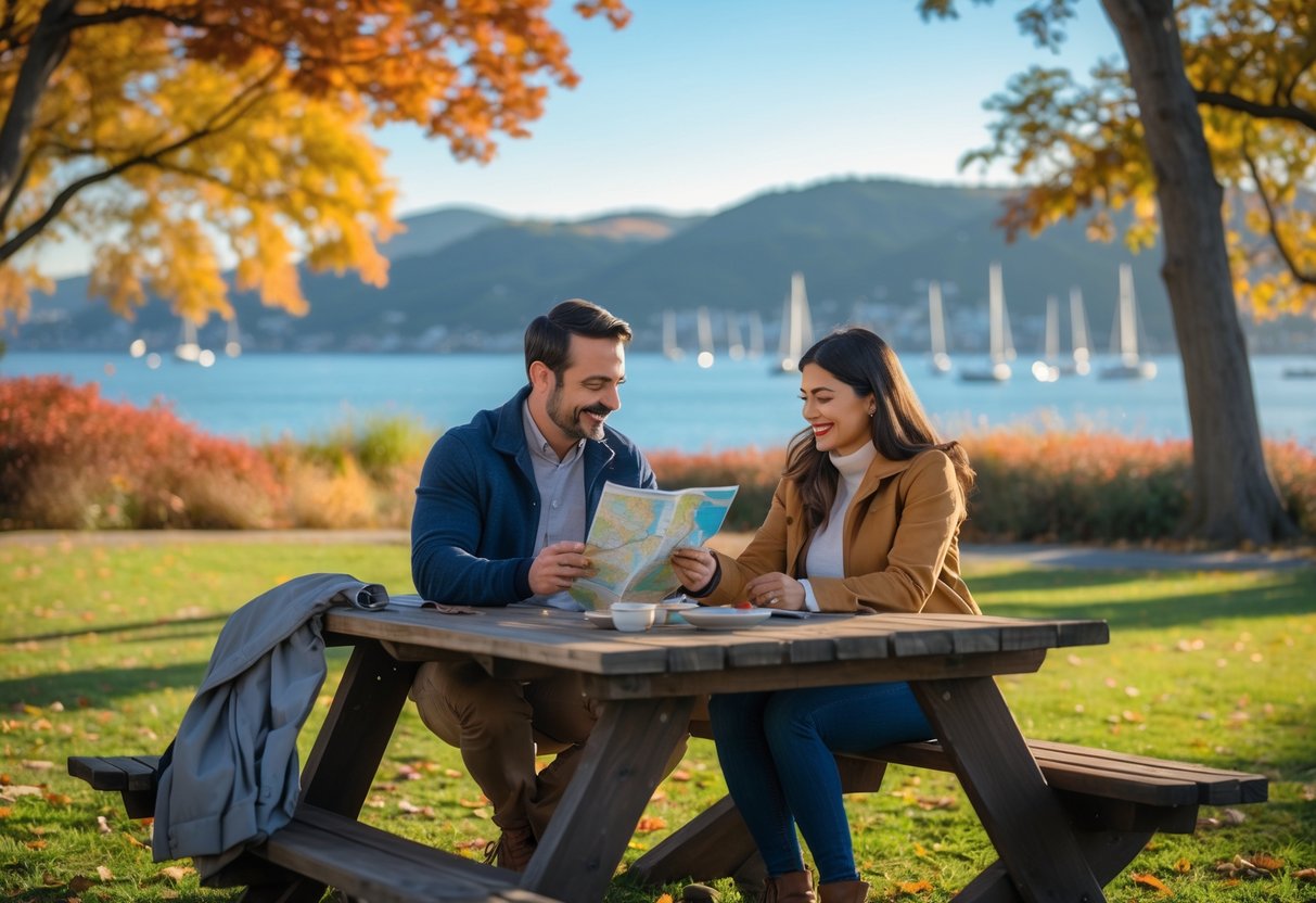 A couple sitting at a picnic table outdoors surrounded by fall trees, looking at a map and smartphone while planning their day.