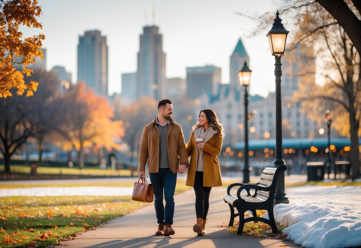 A couple enjoying a seasonal outdoor date in a park with city landmarks in the background, dressed for the season and sharing a joyful moment together.