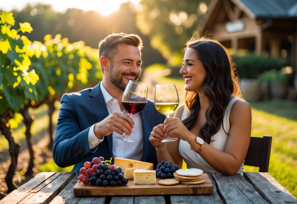 A couple enjoying wine tasting at an outdoor vineyard table surrounded by grapevines.