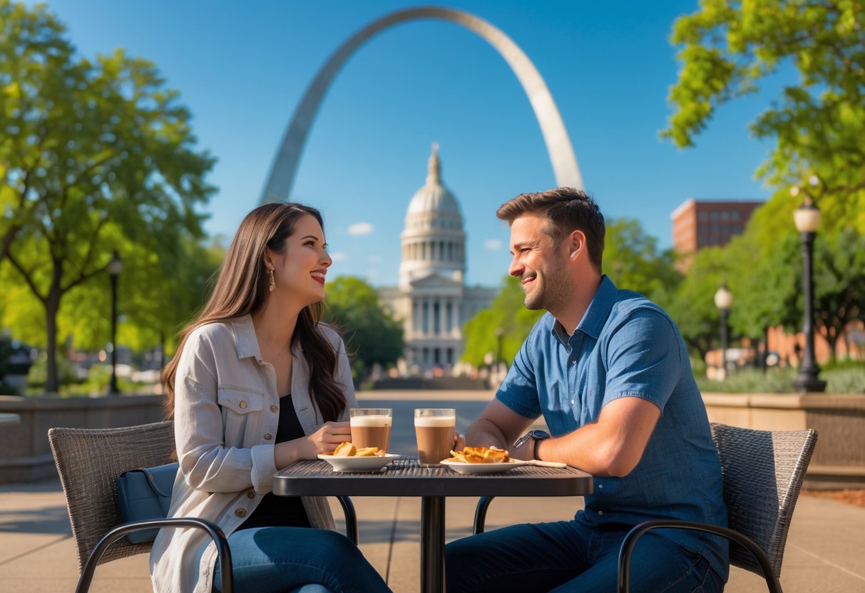 A young couple sitting at a table outdoors with the Gateway Arch in the background, enjoying a sunny day together.