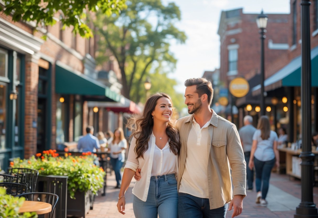 A smiling couple walking hand-in-hand on a sunny street in a lively St. Louis neighborhood with shops and trees around them.