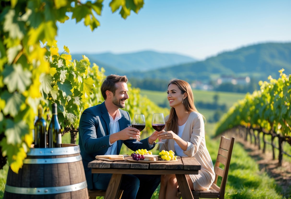 A couple tasting wine outdoors at a vineyard with grapevines and hills in the background.