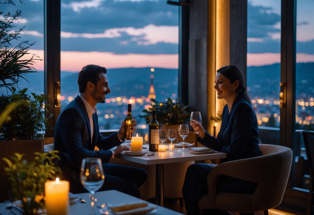 A couple enjoying a cozy dinner at a restaurant with a view of the Zürich skyline at night.