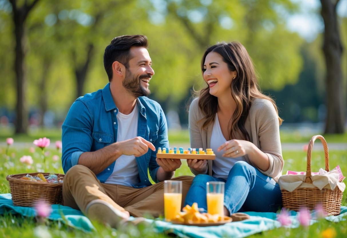 A couple sitting on a picnic blanket in a sunny park, enjoying a lighthearted moment together.