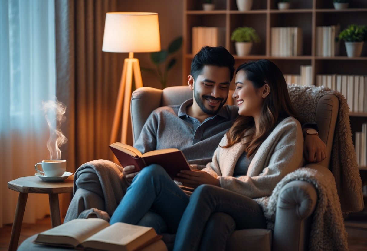 A couple sitting together in a cozy reading nook, one reading a book aloud while the other listens.
