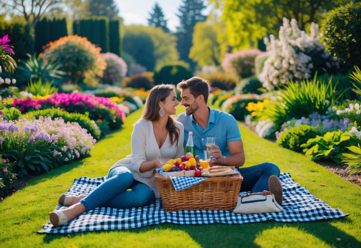 A young couple enjoying a picnic on a blanket in a lush botanical garden surrounded by flowers and greenery.