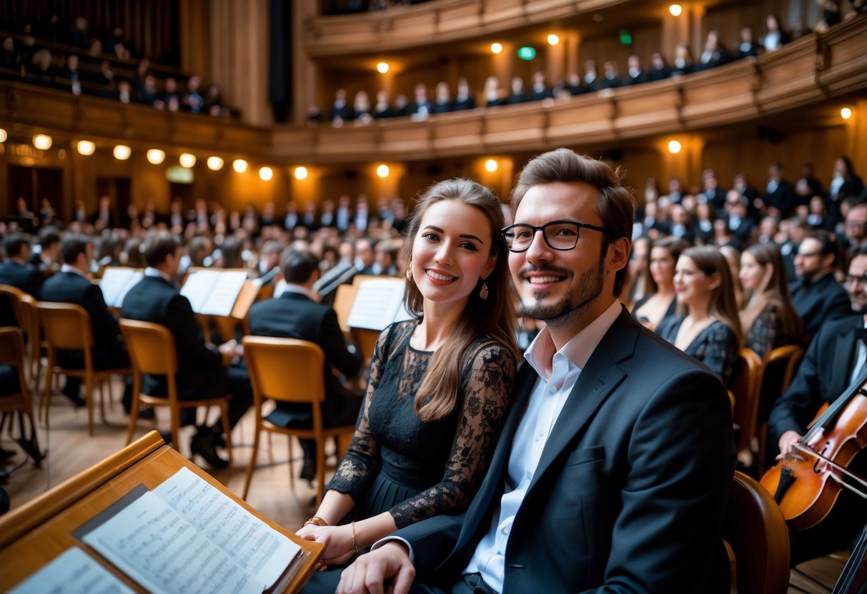 A couple enjoying a live orchestral concert inside the Tonhalle concert hall in Zürich.