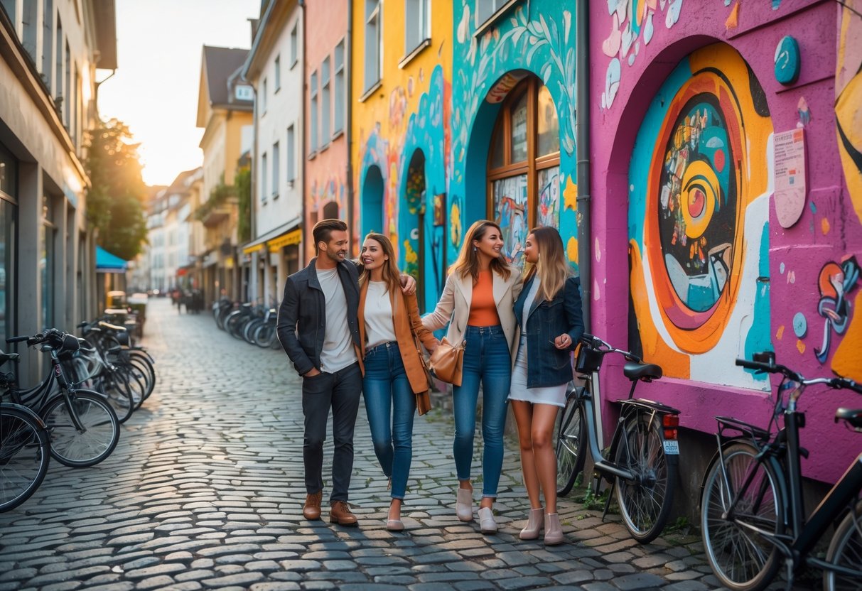 People enjoying colorful street art murals on a lively urban street in Zürich with cafés and bicycles nearby.
