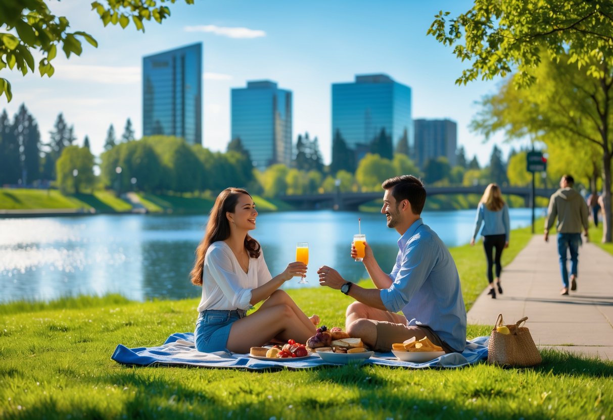 A young couple sitting on a picnic blanket in a park near a lake, enjoying a sunny day with greenery and city buildings in the background.