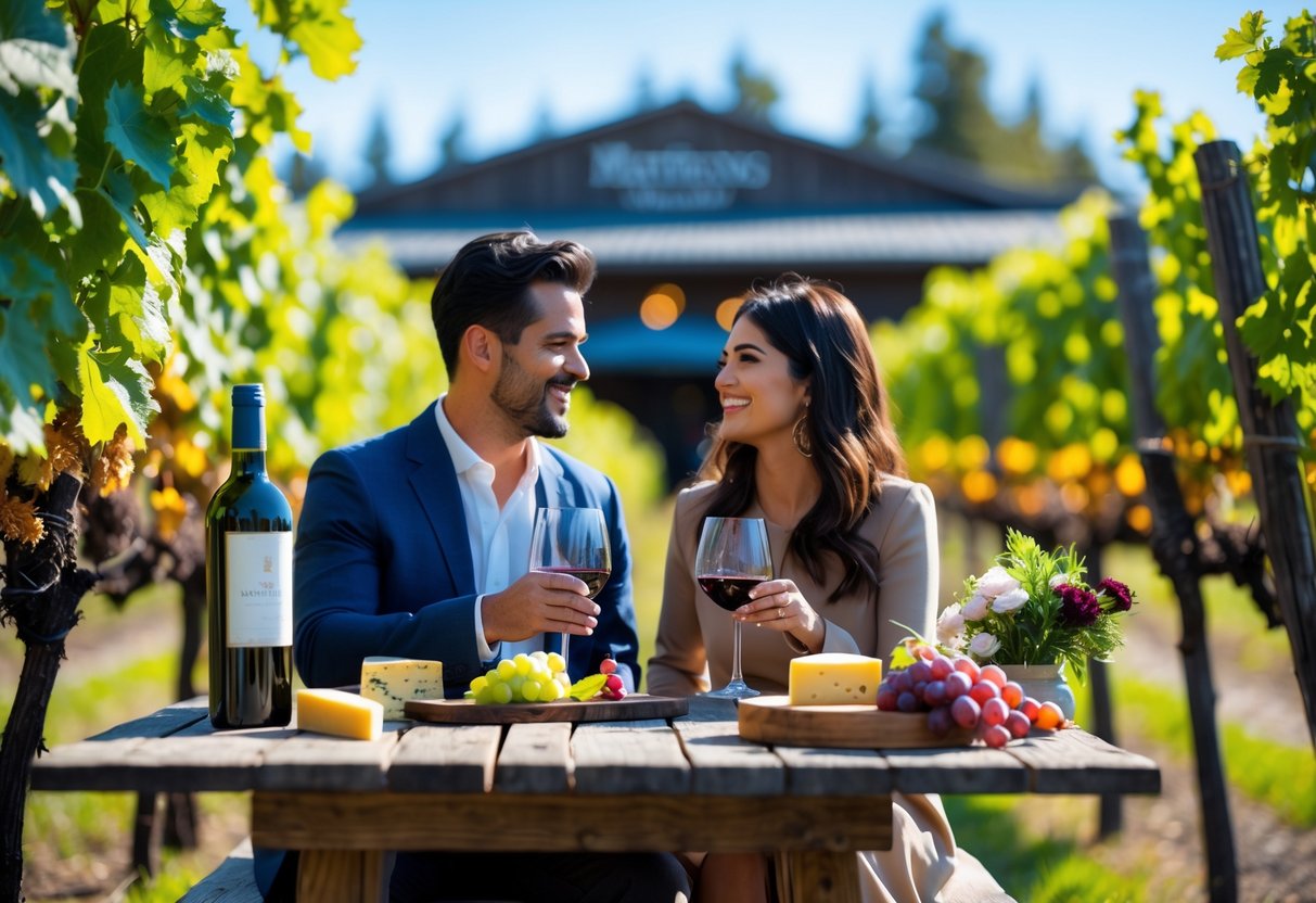 A couple enjoying wine tasting at a vineyard with a wooden table, wine glasses, cheese board, and grapevines in the background.