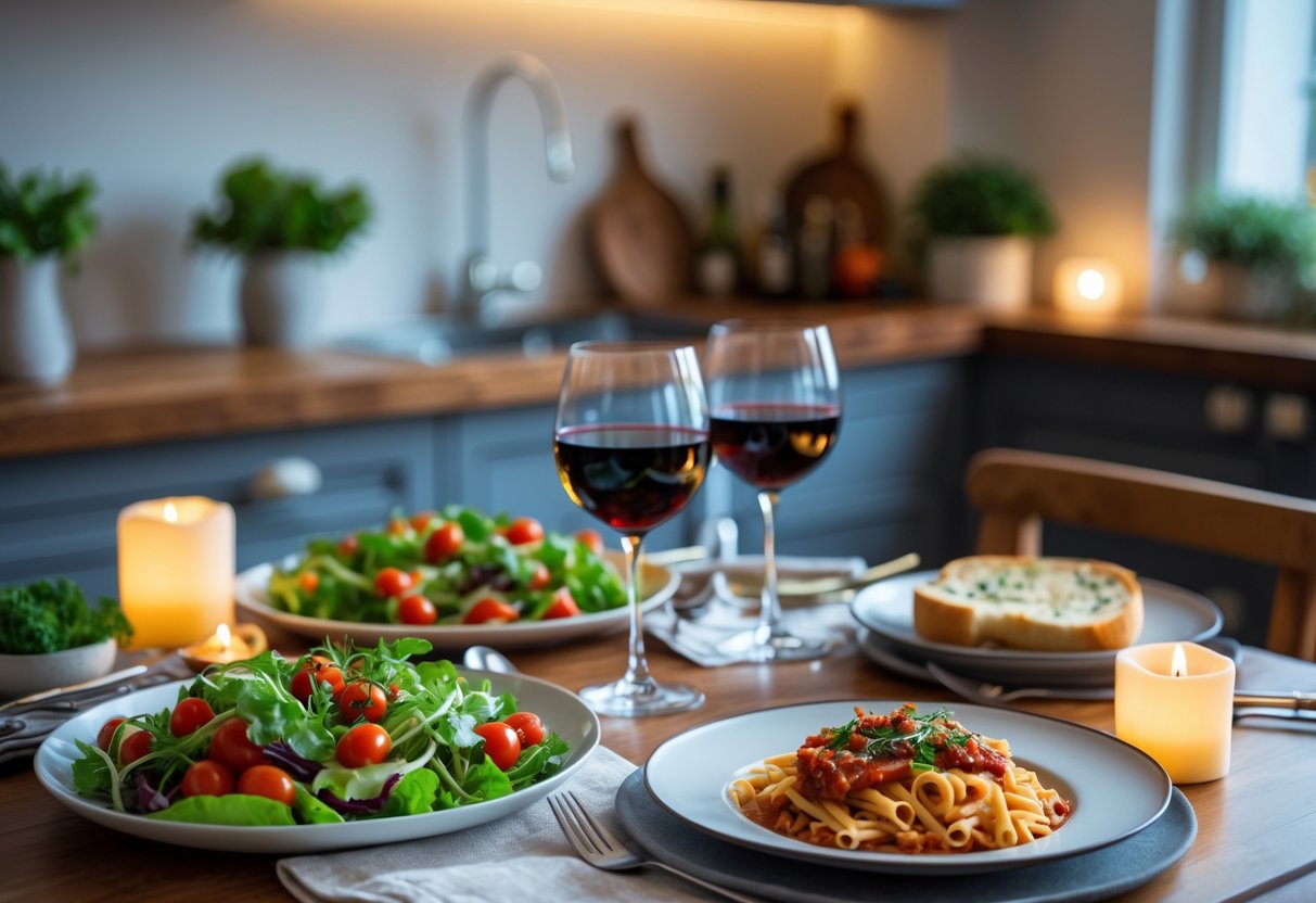 A cozy dining table set for two with plates of pasta, salad, garlic bread, wine glasses, and lit candles in a warm kitchen.
