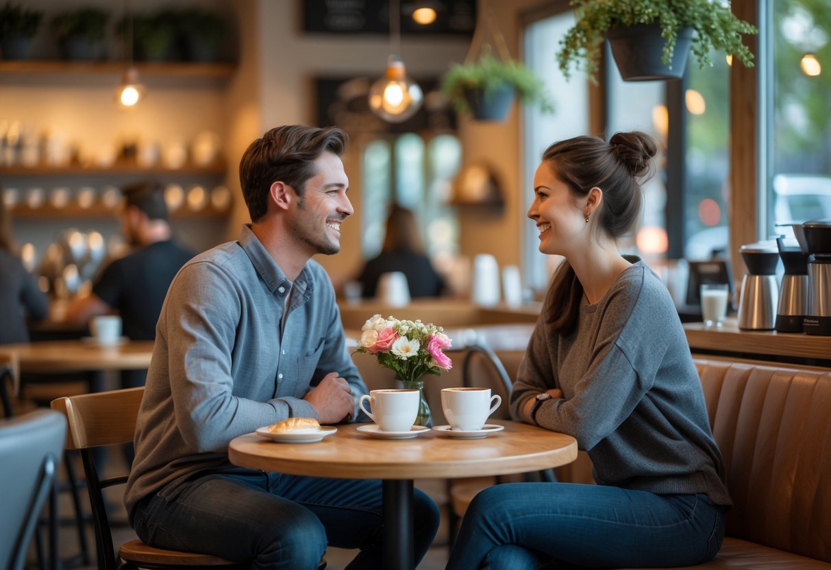 A young couple sitting at a small table in a cozy cafe, enjoying coffee and conversation.