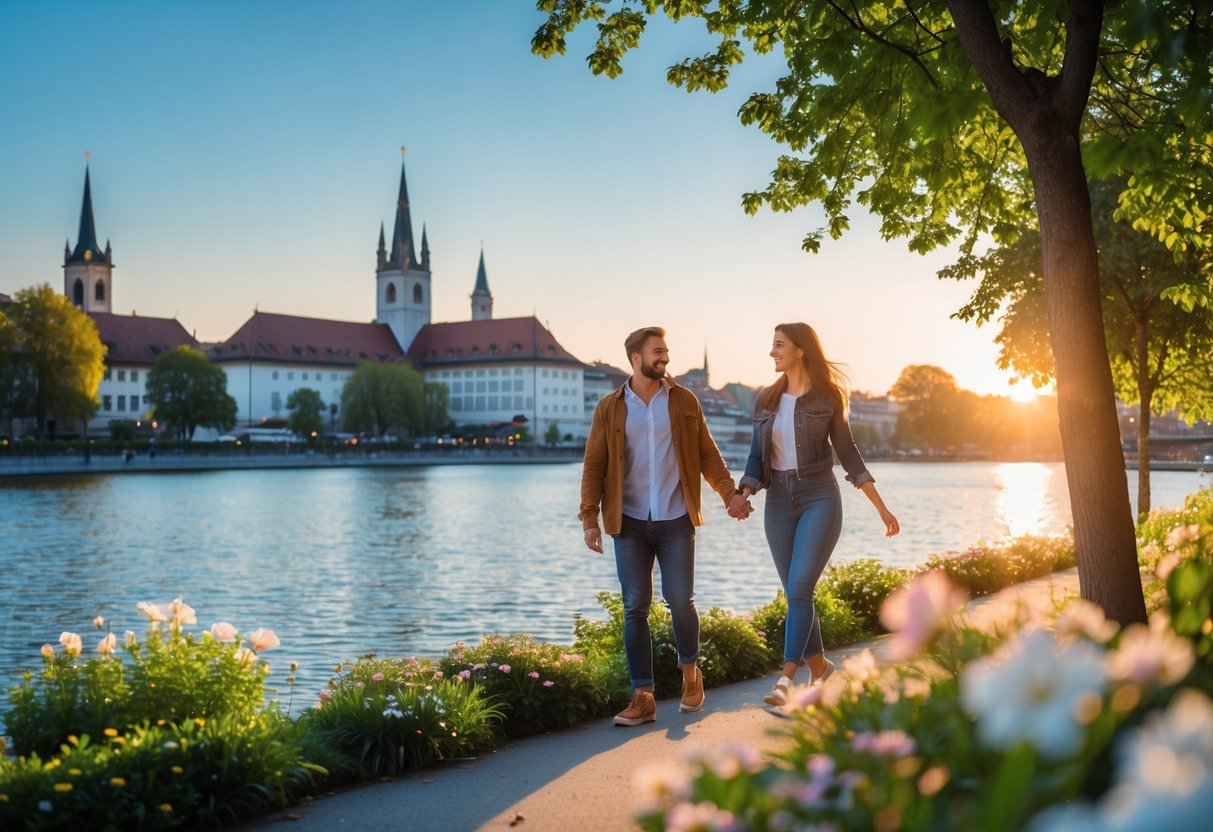 A young couple enjoying a romantic moment by Lake Zürich with the city skyline in the background during sunset.