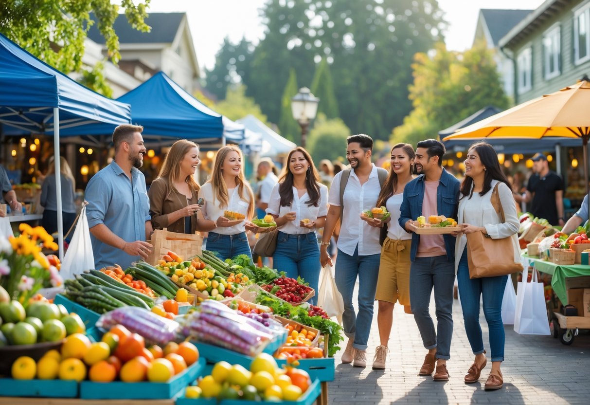 Couples and friends enjoying a sunny day at an outdoor market with colorful stalls selling fresh produce and crafts in Redmond.