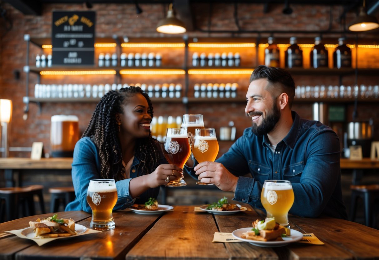 A couple enjoying craft beer tasting together at a brewery with wooden tables and warm lighting.