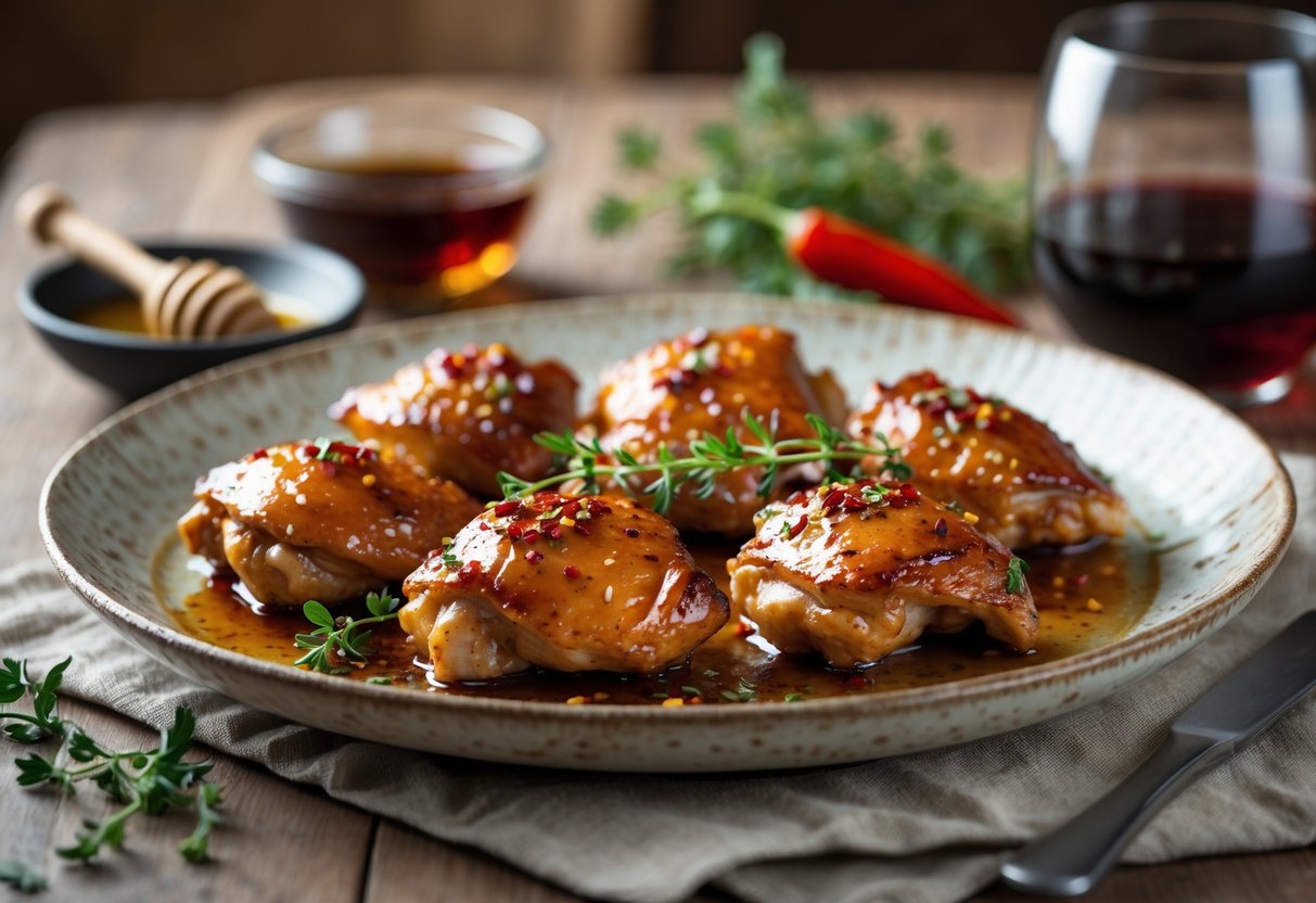 A plate of spicy honey glazed chicken thighs garnished with herbs and chili flakes on a dining table with a glass of red wine in the background.