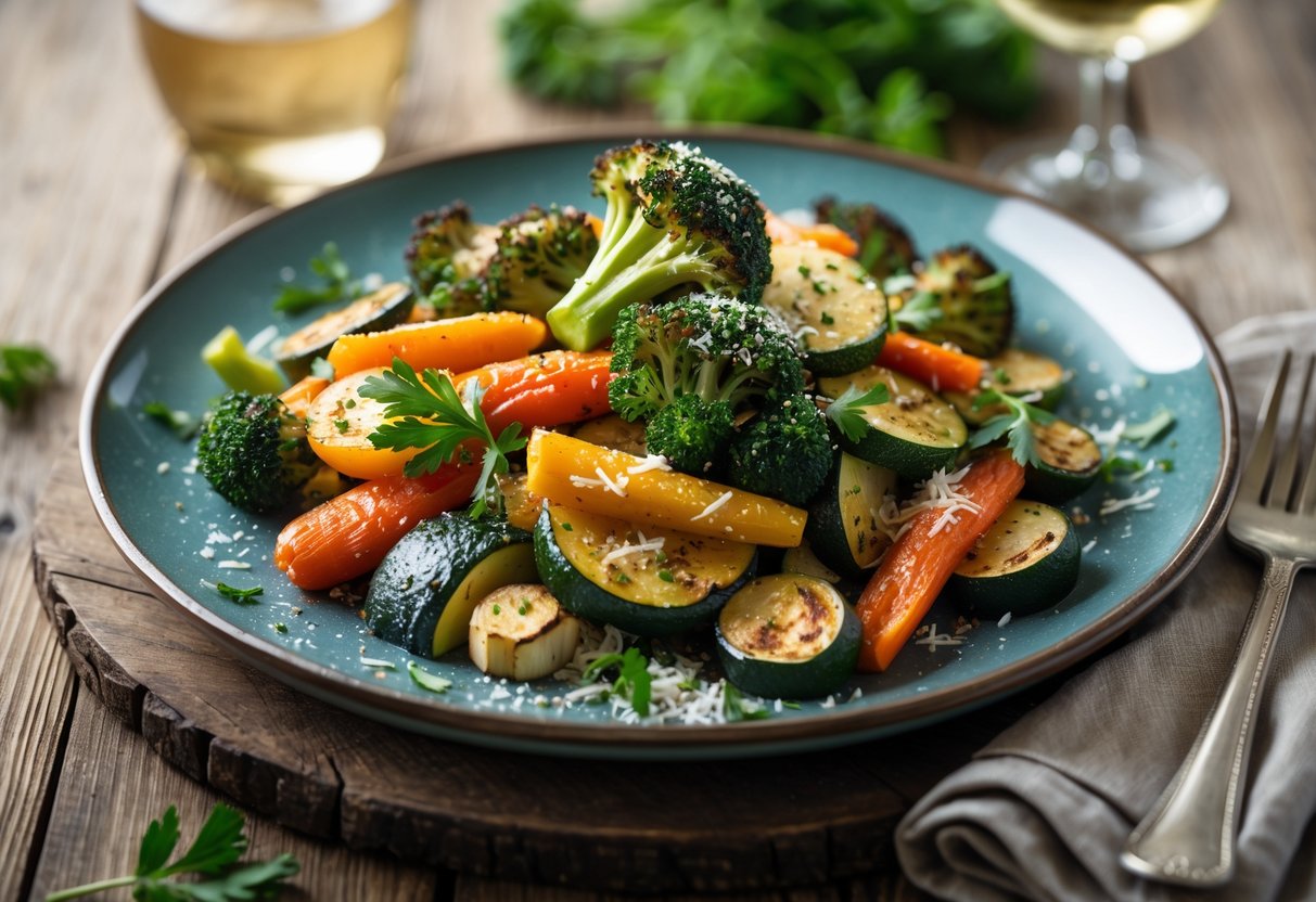 A plate of garlic parmesan roasted vegetables on a wooden table with a glass of white wine in the background.