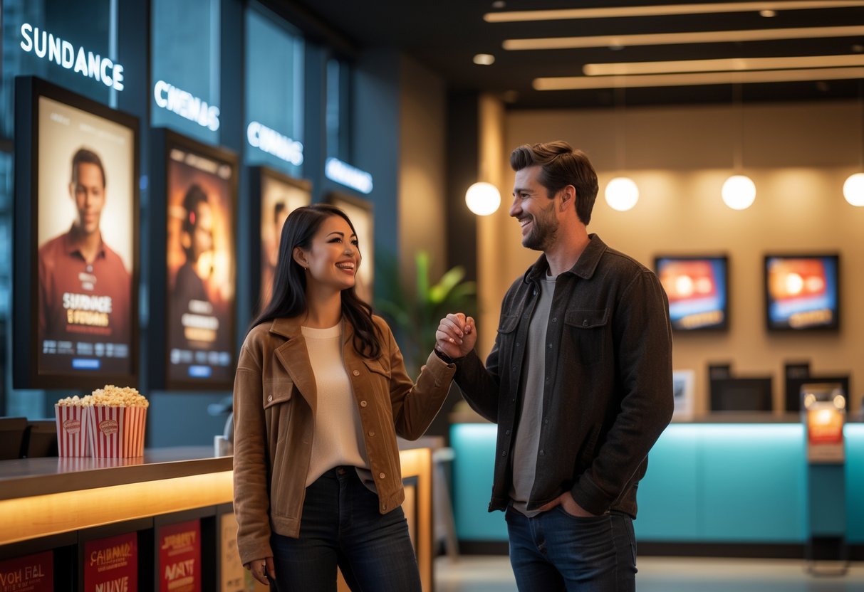A young couple holding hands and smiling inside a modern movie theater lobby.