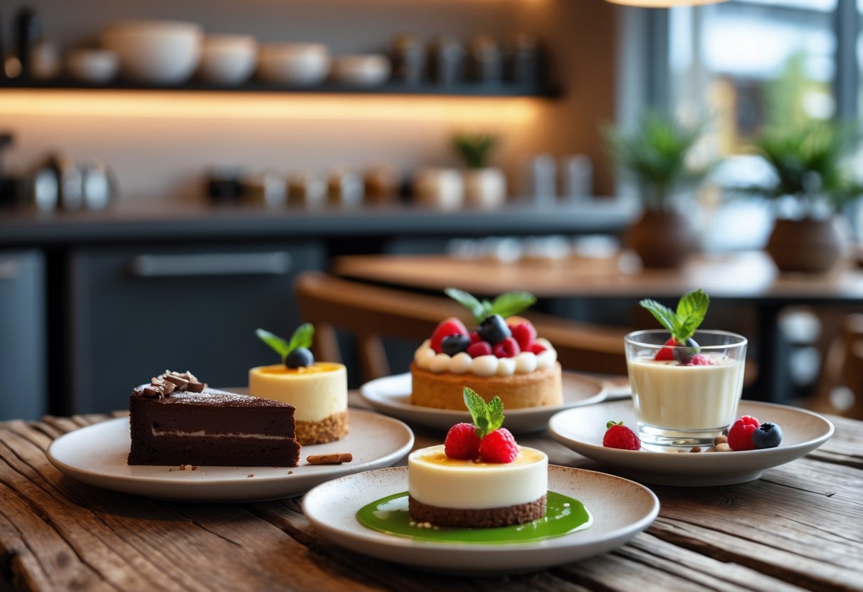 A table with an assortment of desserts including chocolate cake, fruit tart, and panna cotta in a cozy kitchen setting.