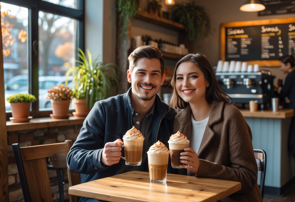 A young couple sitting at a table in a cozy coffee shop, enjoying seasonal coffee drinks together.
