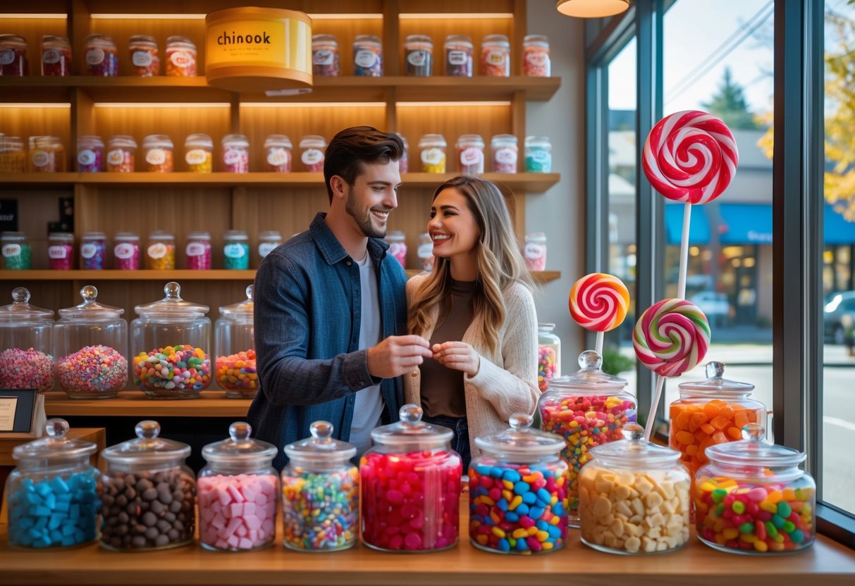 A young couple happily choosing candy together inside a brightly lit candy shop with colorful sweets on display.
