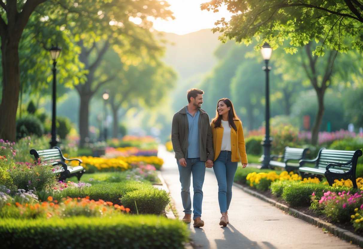 A young couple walking together on a garden path surrounded by trees and flowers in a park.