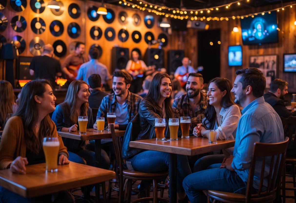 Couples enjoying live music at a cozy venue with a band playing on stage and warm lighting.