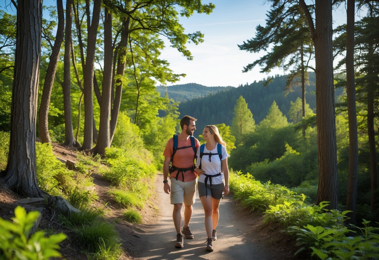A couple hiking together on a forest trail surrounded by green trees and hills.