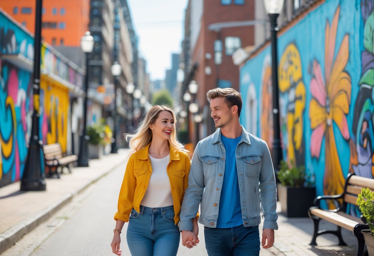 A young couple walking together along a city street with colorful murals on the walls, enjoying a street art tour.