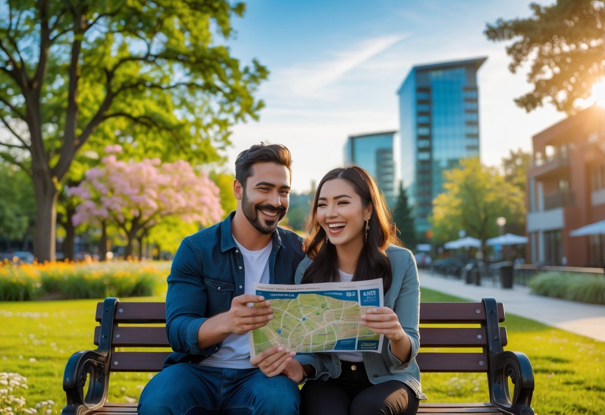 A couple sitting on a bench outdoors in a park in Redmond, looking at a smartphone and a map while planning a date.