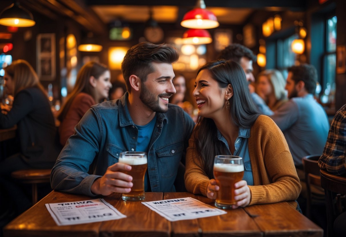 A young couple smiling and talking at a wooden table in a cozy pub during a trivia night.