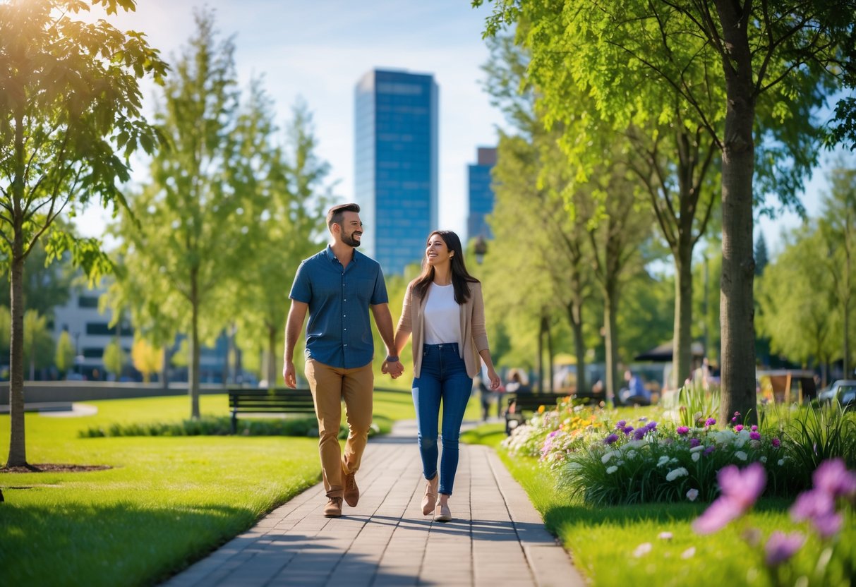 A couple enjoying a sunny day together in a green park with trees and city buildings in the background.