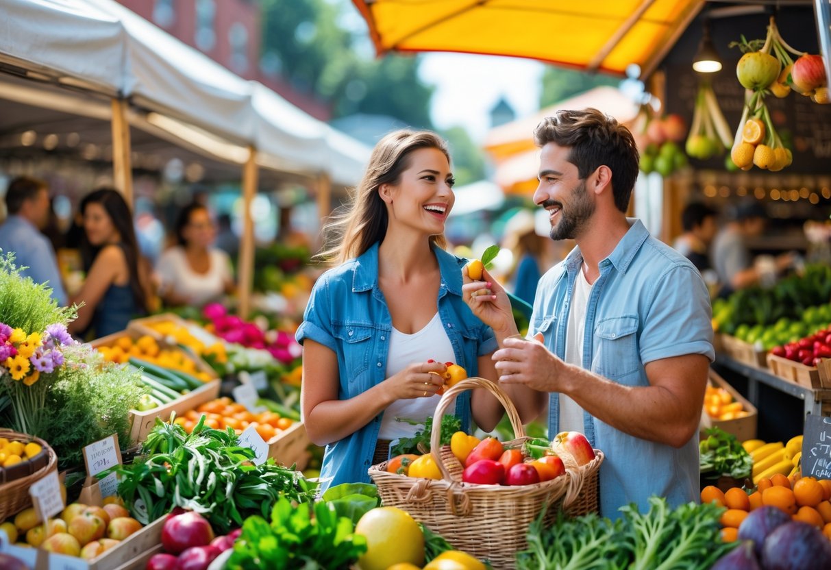 A young couple sampling fresh produce together at a busy farmers' market with colorful fruits and vegetables around them.