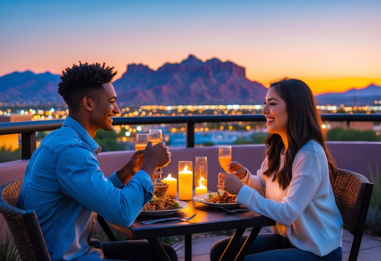 A young couple enjoying a romantic outdoor dinner at sunset overlooking the El Paso city skyline and mountains.