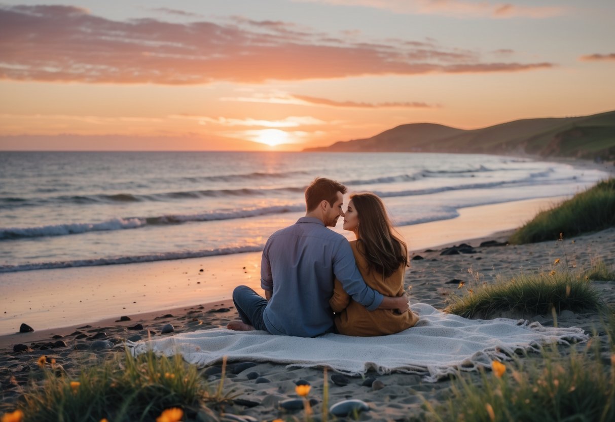 A couple sitting together watching a colorful sunset at a beach or hilltop.