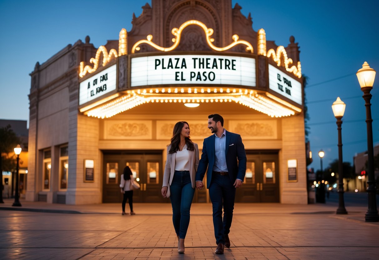 A couple walking hand-in-hand toward the illuminated entrance of the Plaza Theatre in El Paso during the evening.