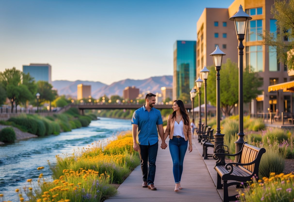 A couple walking hand-in-hand along a riverside path with greenery, city buildings, and mountains in the background.