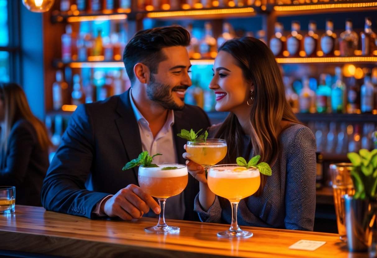 A couple enjoying craft cocktails together at a warmly lit bar with shelves of liquor bottles in the background.