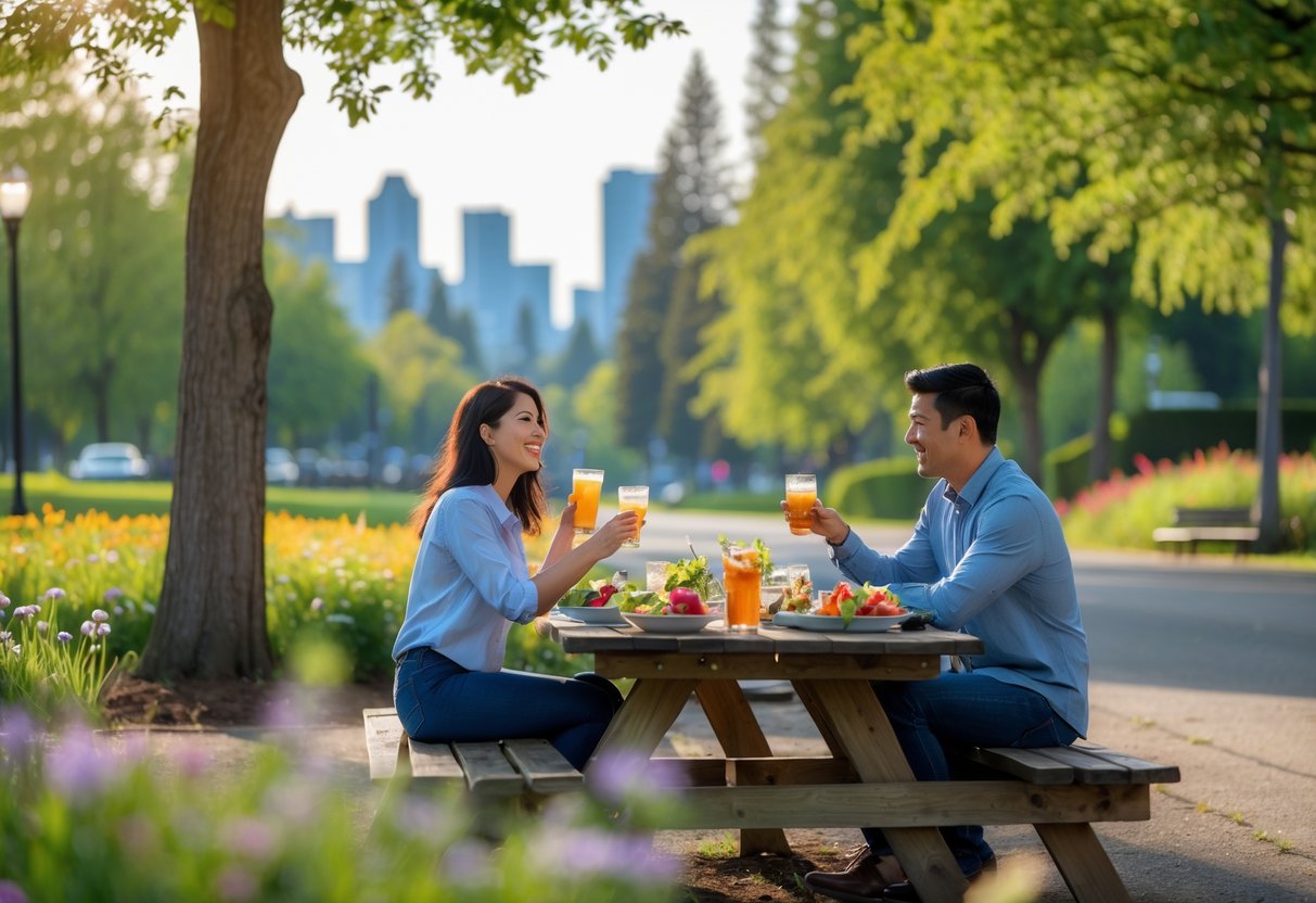 A young couple enjoying a picnic together in a green park with trees and city buildings in the background.